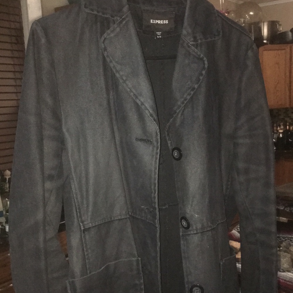 Express, black denim winter coat.